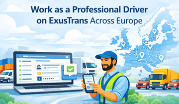 Professioneller Lkw-Fahrer nutzt die mobile und Web-Plattform von ExusTrans zur Verwaltung von Transportaufträgen, Fahrzeugen und Lieferungen in ganz Europa
